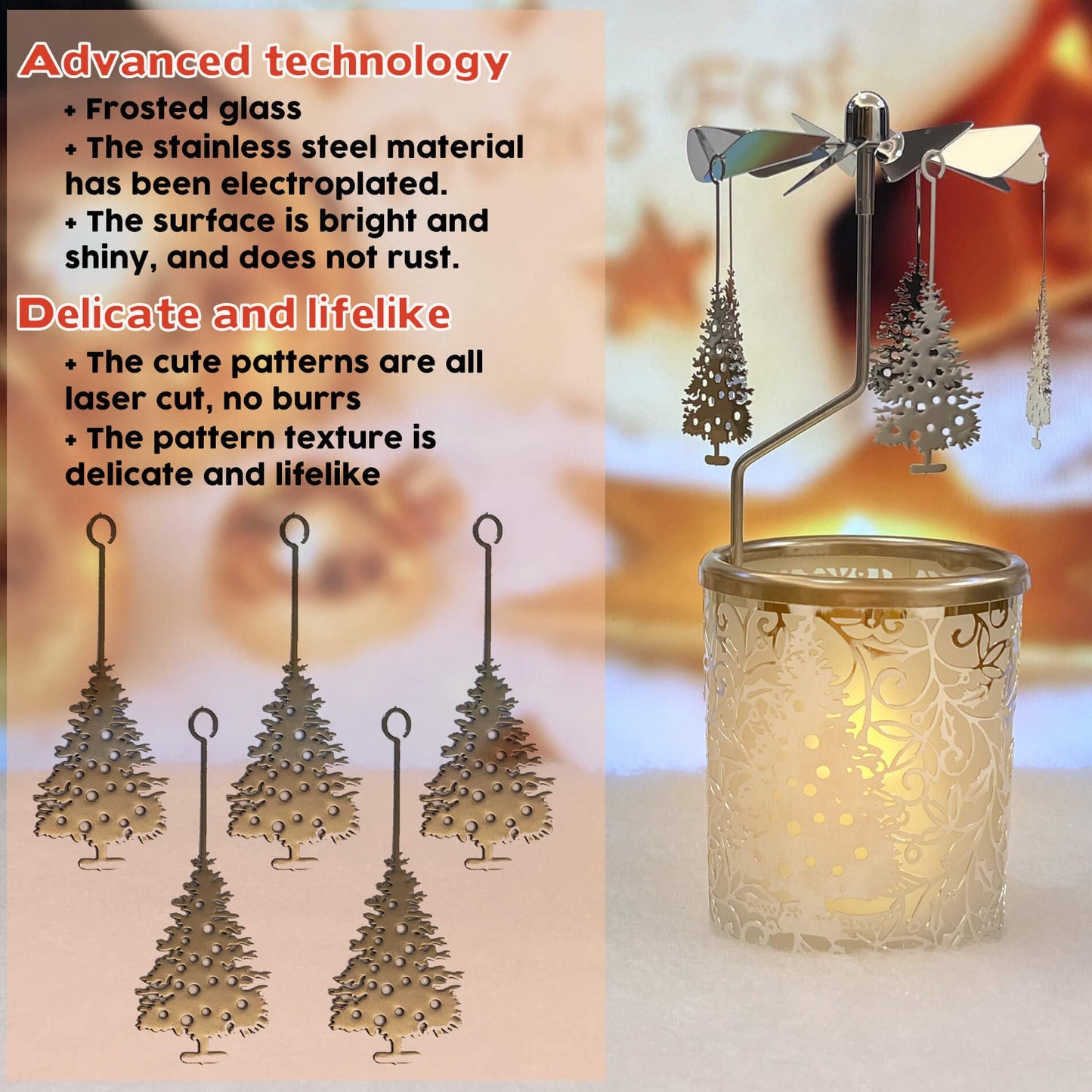 iLaJao Rotary Tea Light Carousel Angel Rotary Candle Holders Spinning Tealight Holders Christmas Decoration for Tabel Centrepieces Gift for Mom Women Wife Birthday-6 ¼ Inch Tall (Tree)