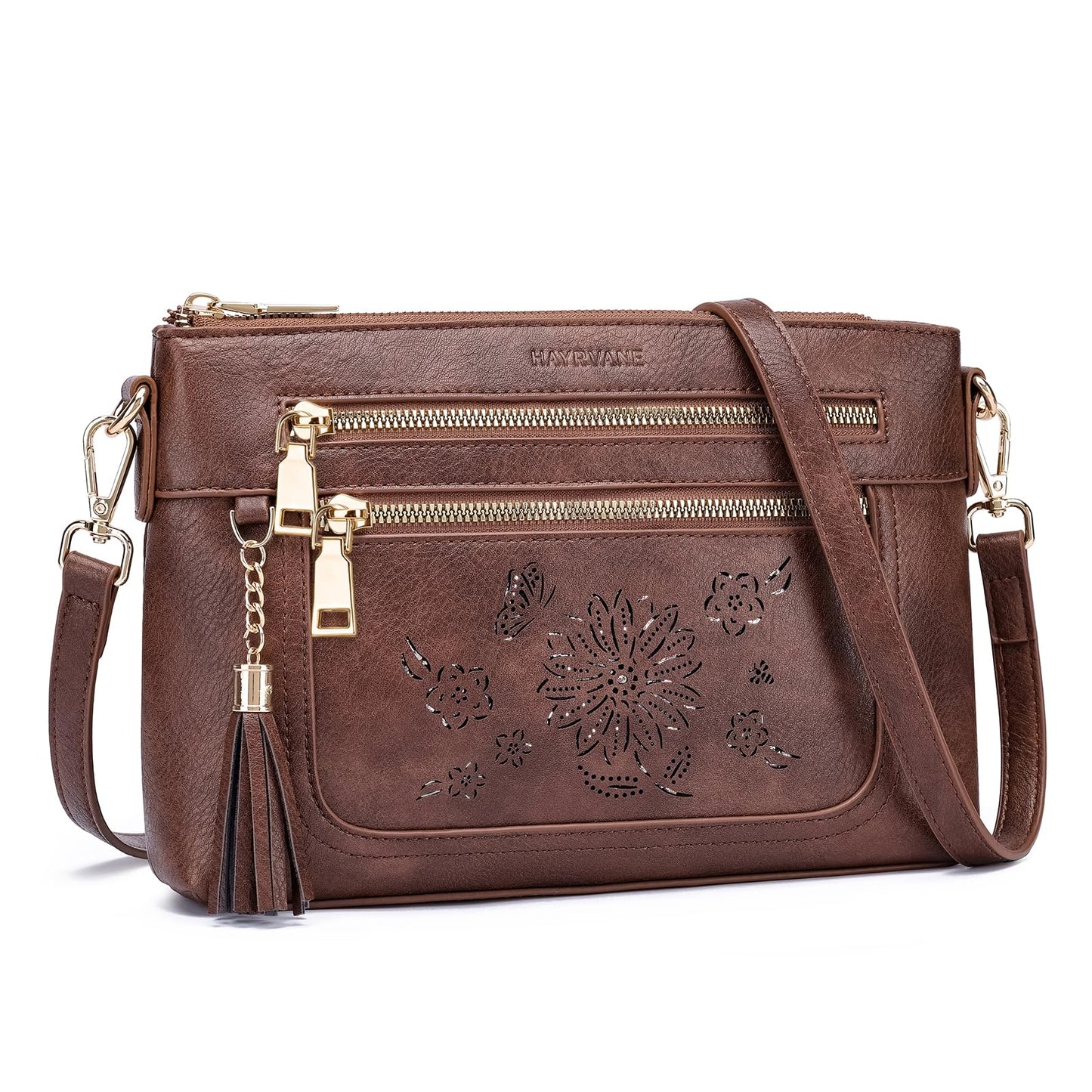 HAYRVANE Crossbody Bags for Women,Vegan Leather Cell Phone Purse with Tassel Multi Pocket Travel Shoulder Handbags Coffee