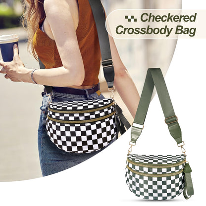 Checkered Crossbody Bag,Nylon Bum Bags for Women Crossbody,Spacious Sling Bag Purse Fanny Packs with Shoulder Strap