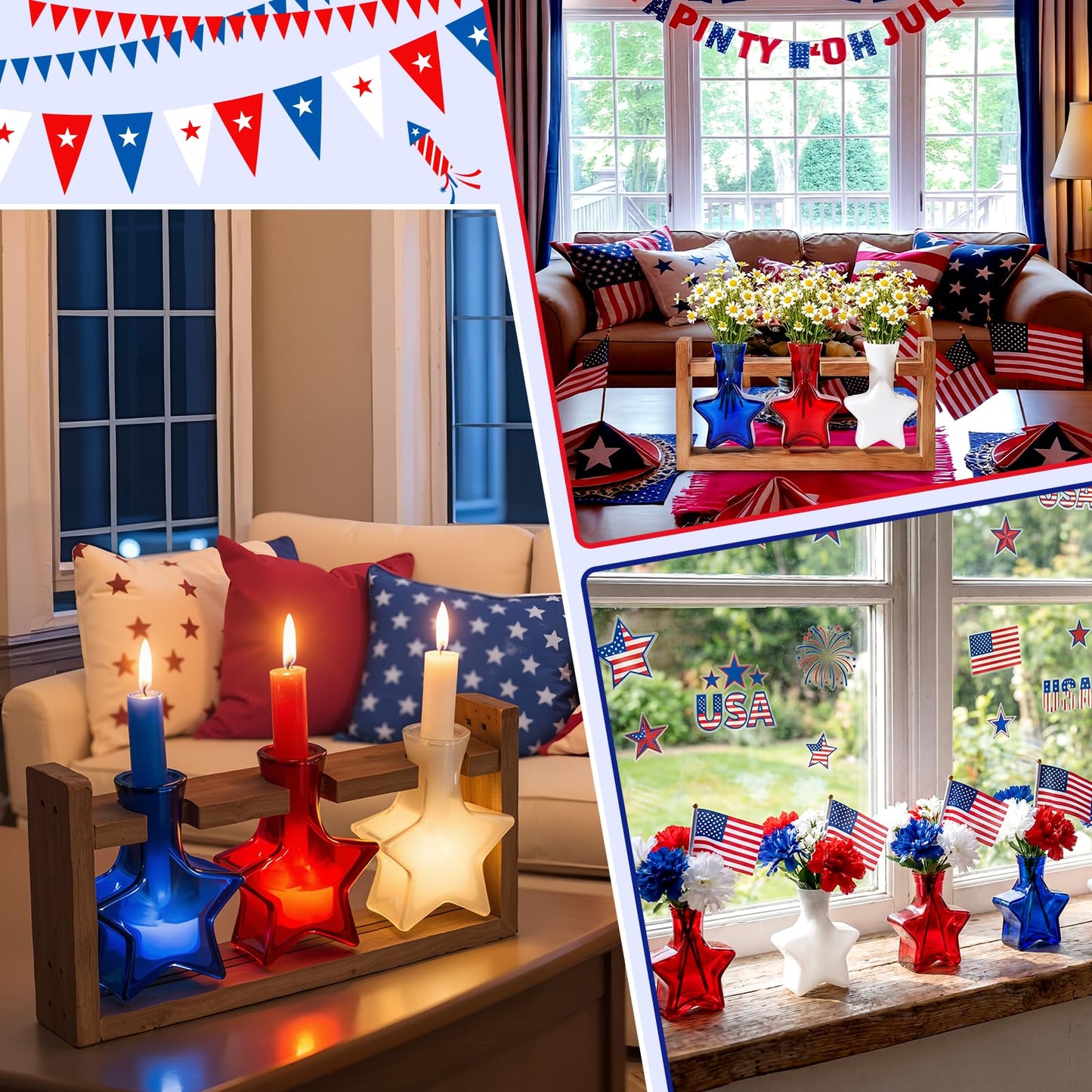 Remerry 4th of July Patriotic Star Plant Terrarium with Wooden Stand Red White Blue Glass Vase Gifts Independence Day Tabletop Centerpieces Propagation Station for Hydroponics Home Office Desk Decor