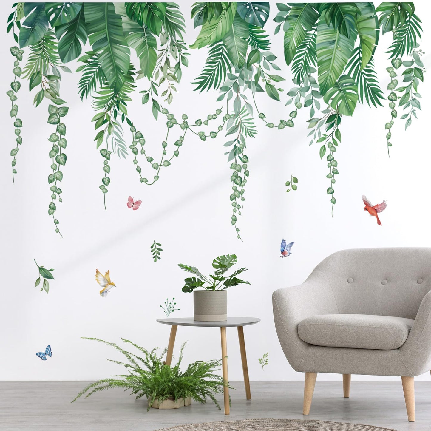 wondever Green Tropical Leaves Wall Stickers Hanging Vines Palm Leaf Plants Peel and Stick Wall Art Decals for Bedroom Living Room Sofa