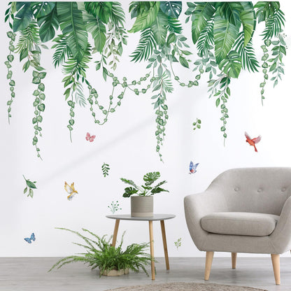 wondever Green Tropical Leaves Wall Stickers Hanging Vines Palm Leaf Plants Peel and Stick Wall Art Decals for Bedroom Living Room Sofa