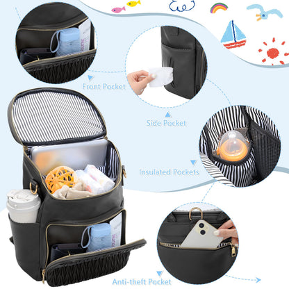 Minsong Diaper Bag Backpack, Fashion Leather Mommy Backpacks, Travel Baby Diaper Bags with in Bag Organizer and Changing Pad (Black-stripes)