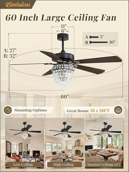 Fanbulous 60 Inch Farmhouse Fandelier Ceiling Fans with Light, Crystal Ceiling Fan Chandelier with 6 Speeds, Quiet Reversible Noiseless DC Motor, 3CCT, Indoor Ceiling Fan for Living Room Bedroom