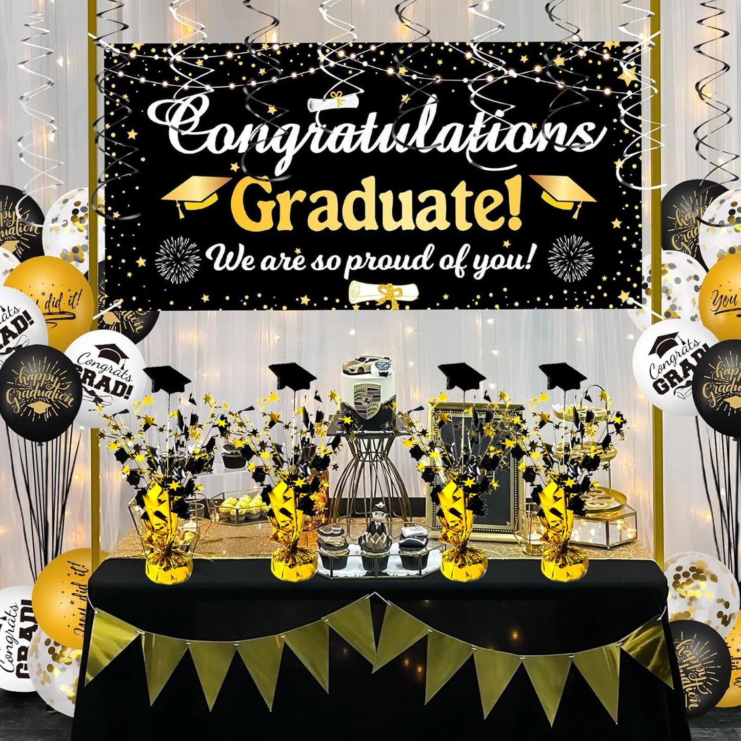 FUBININA 6 Pack 2026 Graduation Table Centerpiece Party Decoration Metallic Foil Spray Glitter Graduate Cap Decor Star Table Top for Graduation Parties Grad Ceremonies Party Favor, Black and Gold