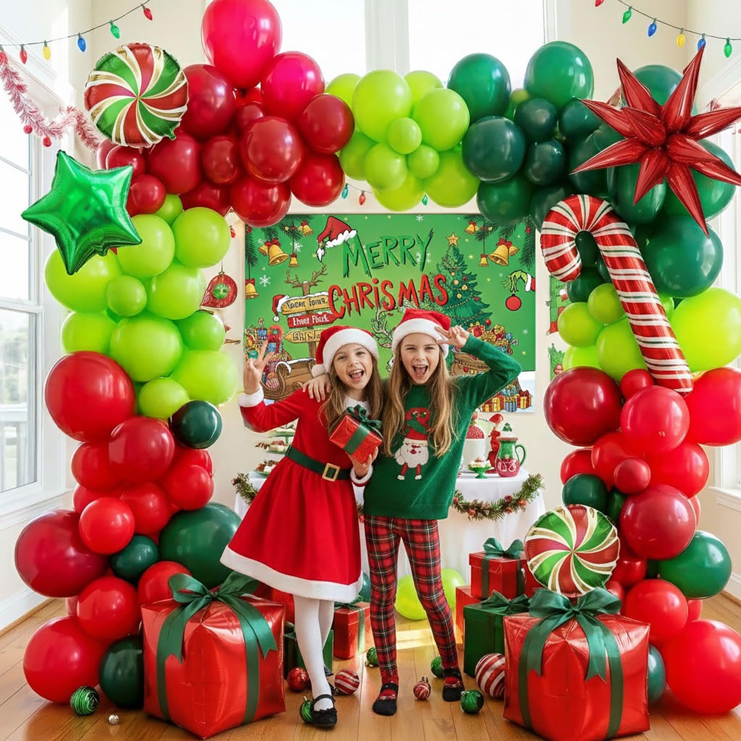 Christmas Balloon Garland Arch Kit with backdrop Xmas Red Green Balloons Candy Cane Santa Claus Star Foil Balloons for Christmas New Year Birthday Party Decorations