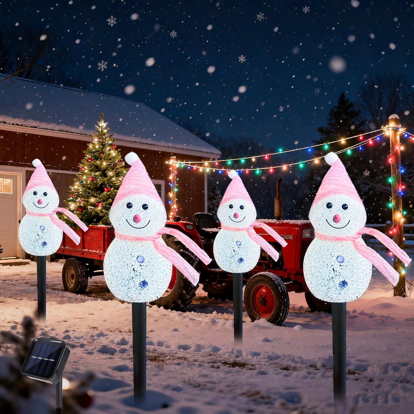 Taoushuleng Christmas Pink Snowman Pathway Lights, Solar Powered Snowman Light with 4 Stakes with 8 Lighting Modes for Pathway, Winter Yard, Garden Decor (Pink Snowman)