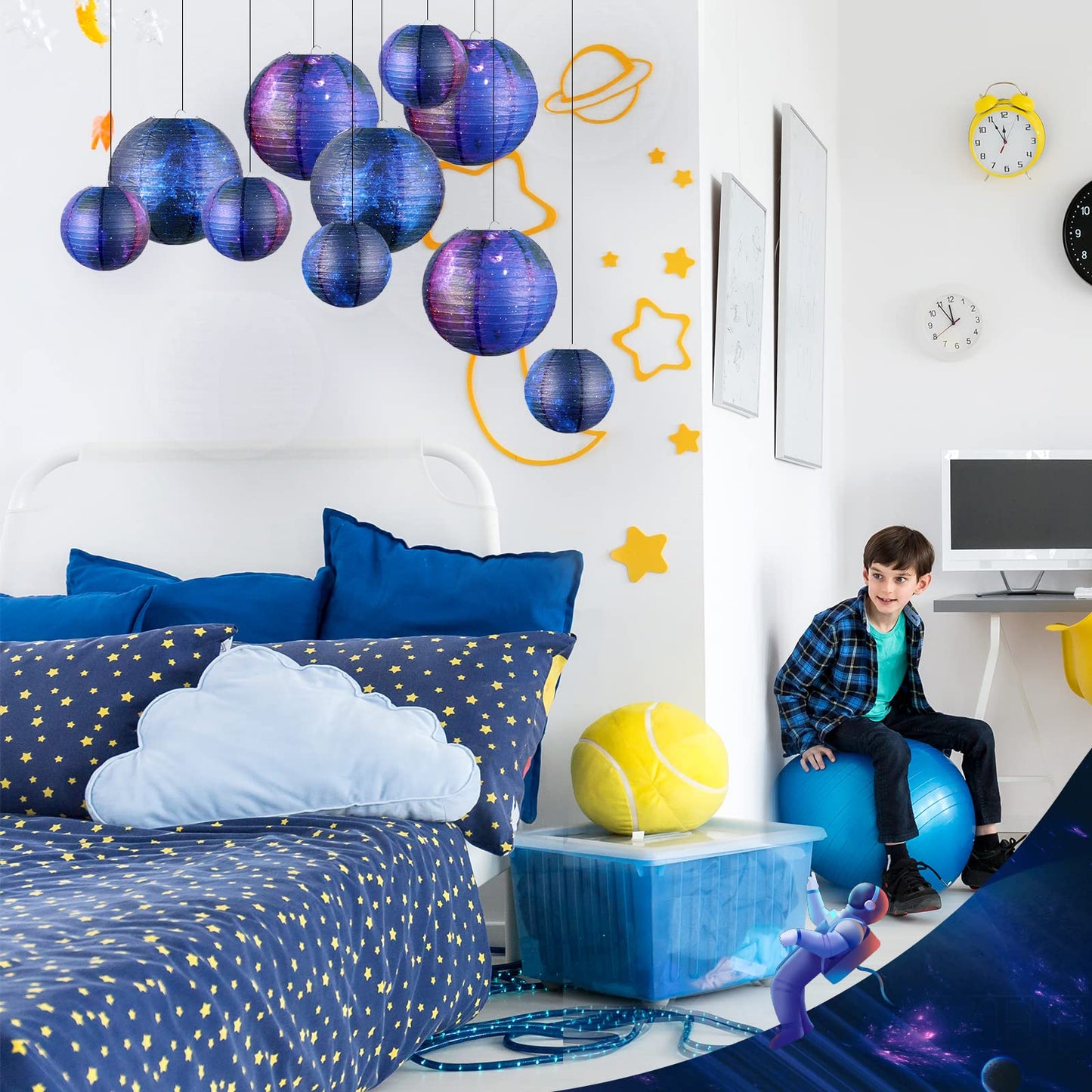 10 Pieces Galaxy Print Paper Lanterns Chinese Japanese Space Themed Hanging Paper Lanterns Galaxy Themed Party Supplies Ceiling Decor for Home Birthday Party Decor(8 Inch/ 6 Inch)