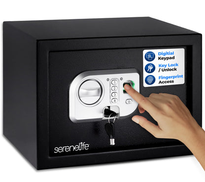SereneLife Electronic Fingerprint Safe | Heavy Duty Money Safebox | Digital Touch Pad Lockbox with Code & 2 Keys | Small Safe Box for Home or Office, Secure Cash, Firearms | 13.8’’ x 9.8” Black