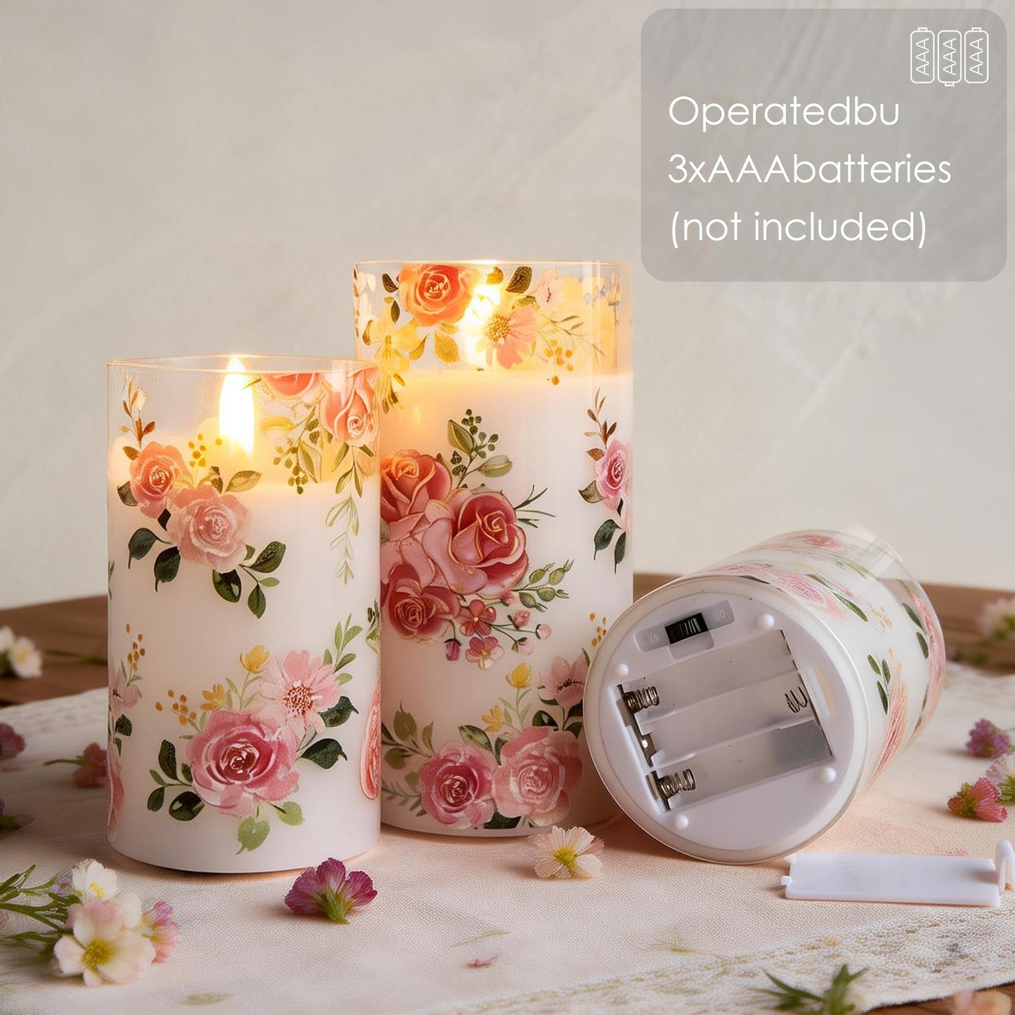 LUSHARBOR Flameless Candles with Remote, Battery Operated Glass Candles Pink Rose Flickering LED Candles Real Wax Floral Christmas Decor Electric Pillar Candles Set of 3