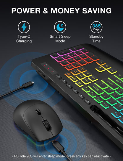 Wireless Keyboard and Mouse Combo, 9 Backlit Effects, Wrist Rest, Phone Holder, 2.4G Lag-Free Ergonomic Keyboards, Rechargeable Silent Cordless Set for Computer, Laptop, PC, Mac, Windows -SABLUTE
