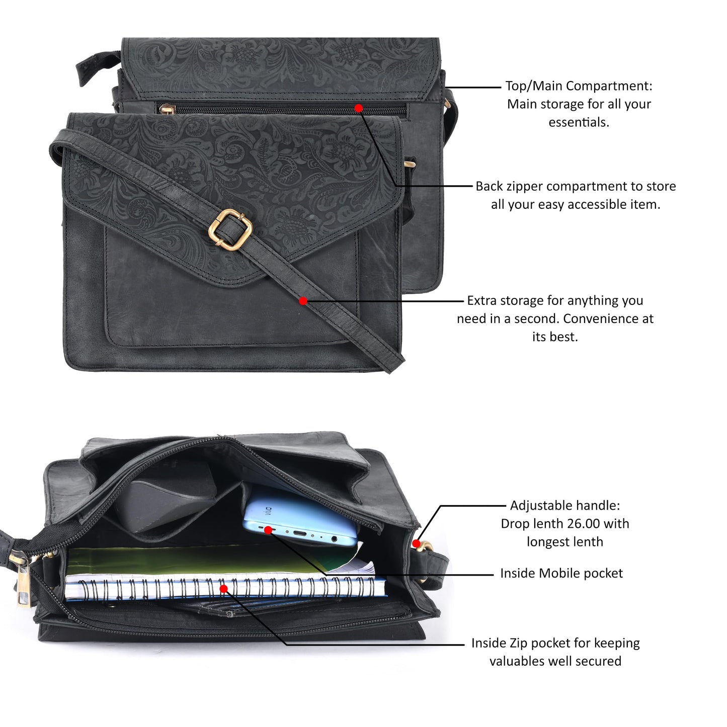 Leather Flapover Crossbody Handbag Purse for Women with Adjustable Strap & Overflap Snap Closure Tote/Bag (E.Black Hunter)