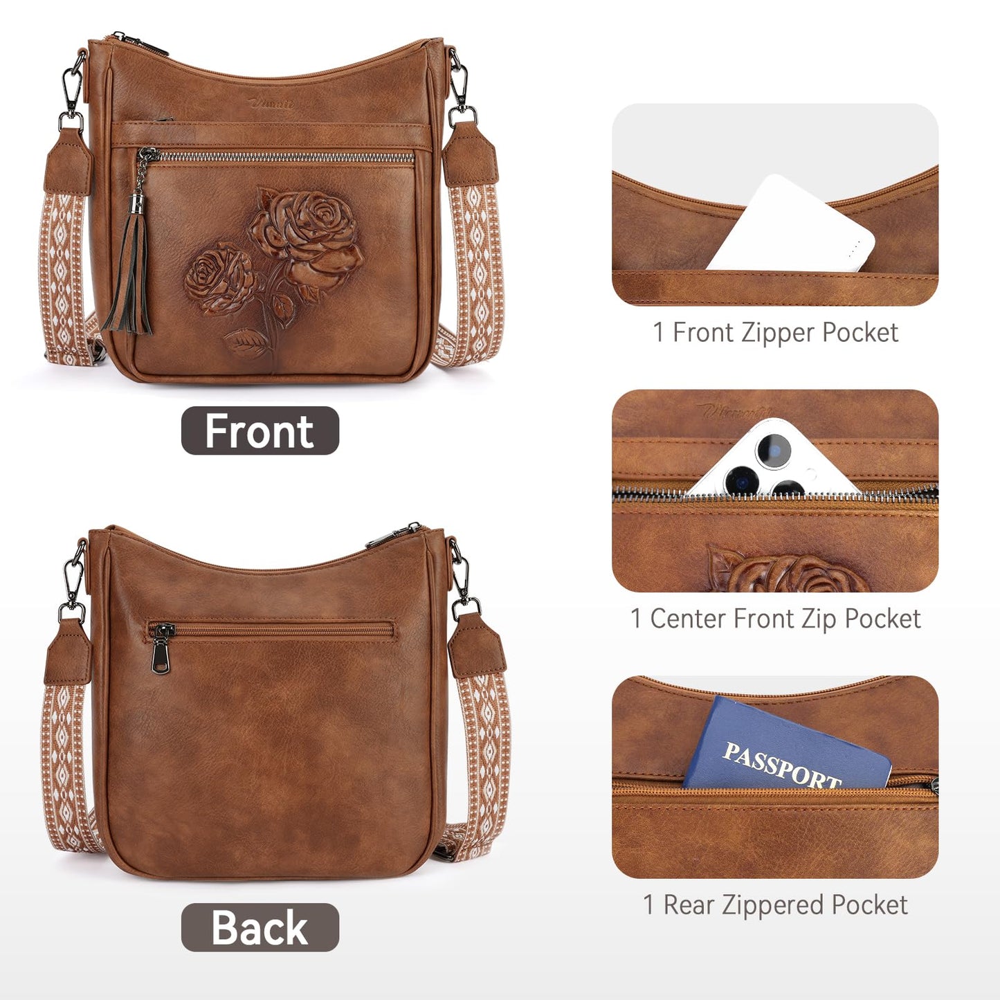 VIMUTI Crossbody Bags for Women Trendy Vegan Leather Hobo Purses for Women Embossed Flower Shoulder Handbags Bucket Bag (02-Brown)