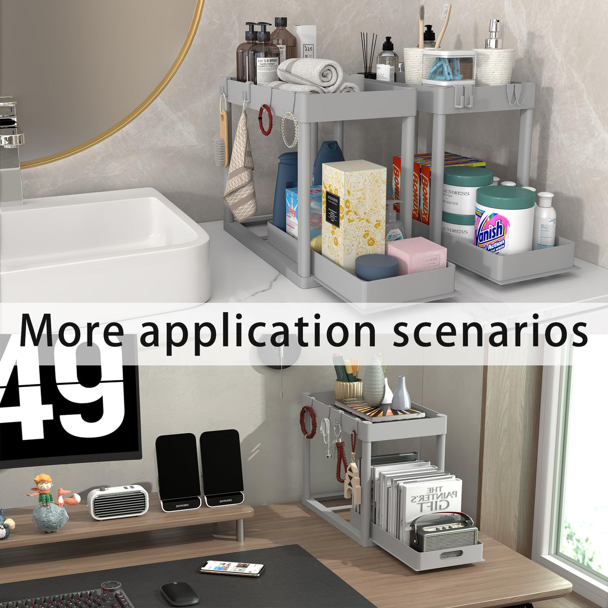 2PC Under Sink Organizer Rack 2 Tier Under Sliding Cabinet Basket Organizer Drawer with 4 Hooks, Multi-purpose Under Sink Storage for Bathroom Kitchen Desktop（Black）