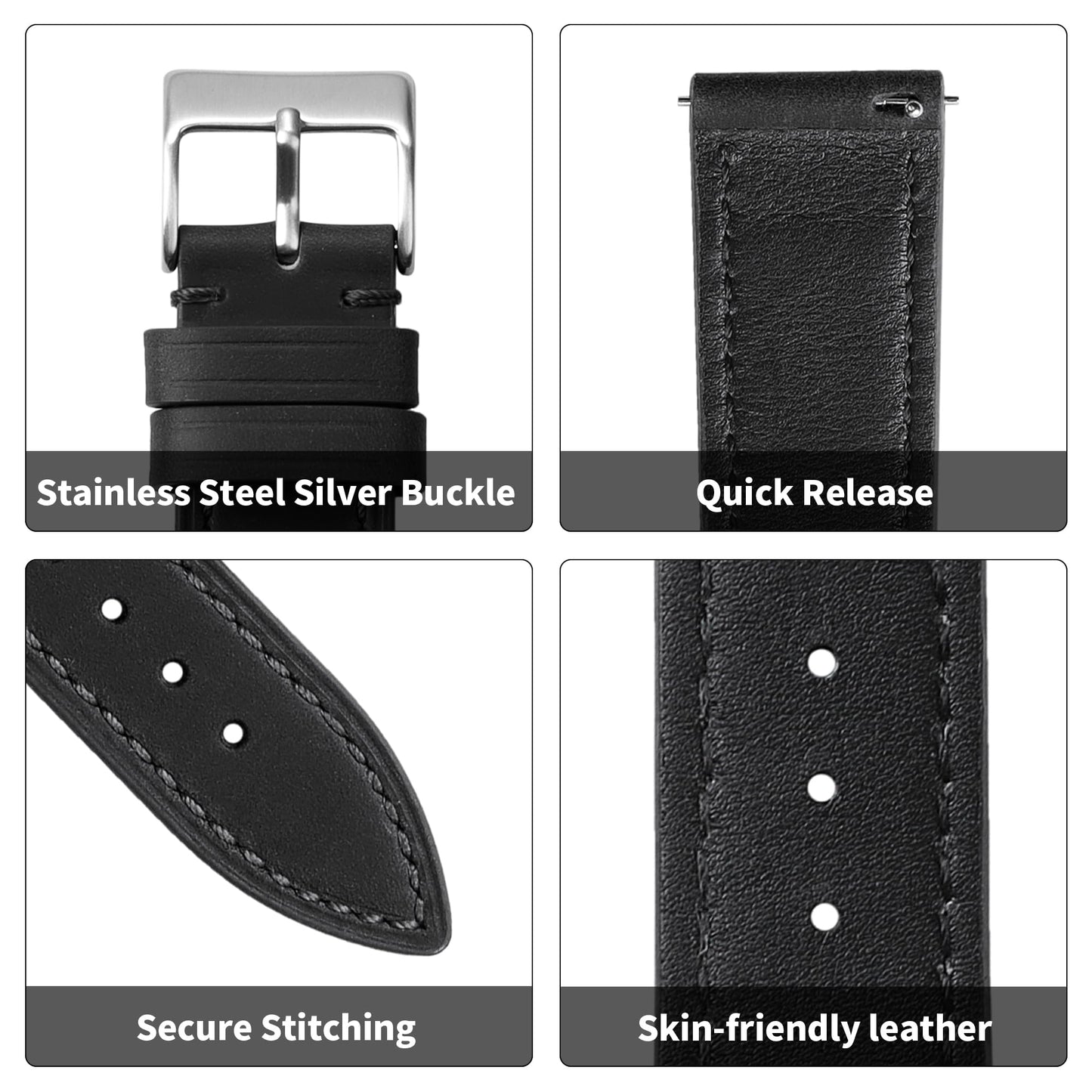JUNGHELE leather watch bands for men and women, Quick Release leather watch strap with Silver Buckle watch leather strap,Black 18mm watch band WBG0219
