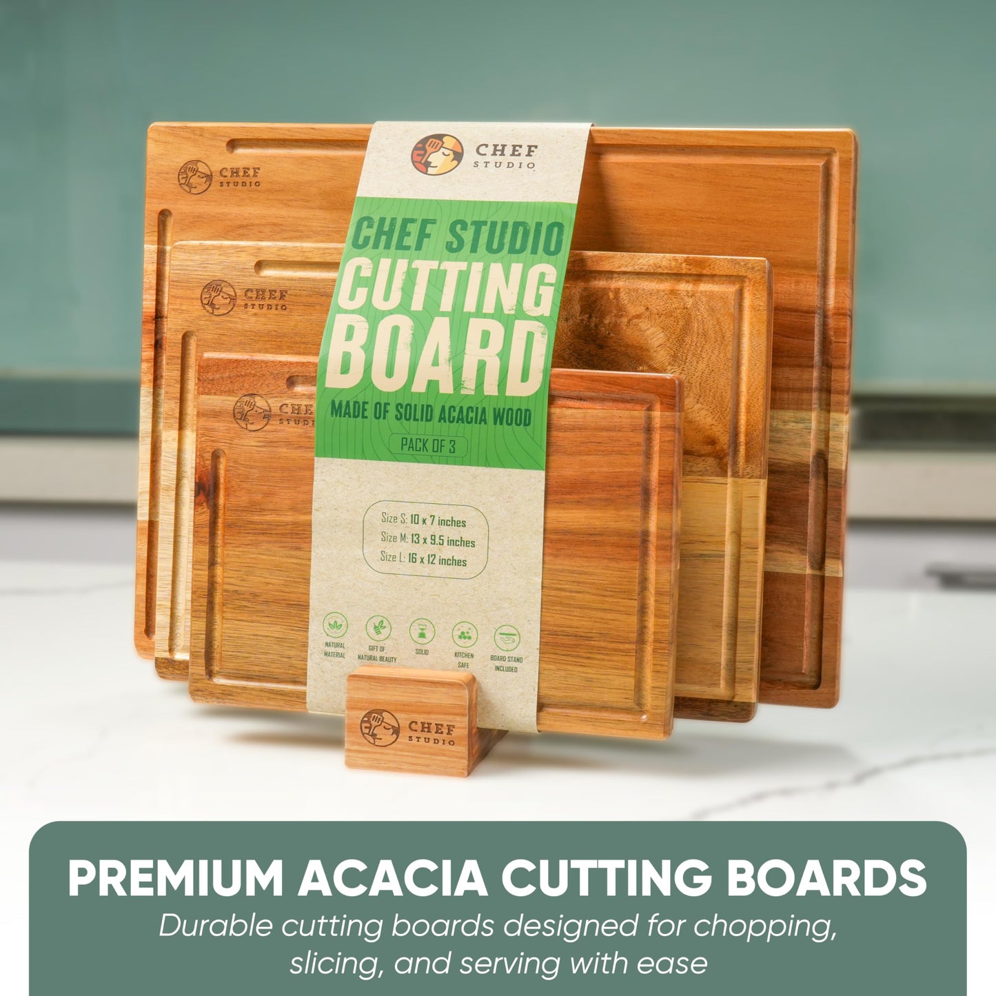 Chef Studio Acacia Wood Cutting Board (Set of 3) – Wooden Cutting Boards for Kitchen, Chopping and Serving, Non Plastic Bamboo Alternative, Hostess Gifts for Christmas, Thanksgiving, New Year