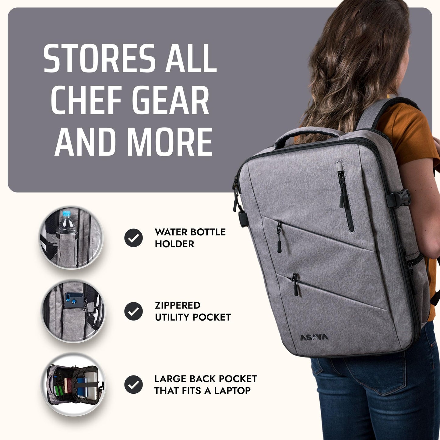 Asaya Chef Knife Backpack with 20-Pocket Knife Roll Bag - Over 30 Storage Pockets Chef Bag, Professional Backpack for Chefs and Culinary Students – Knives Not Included (Grey)