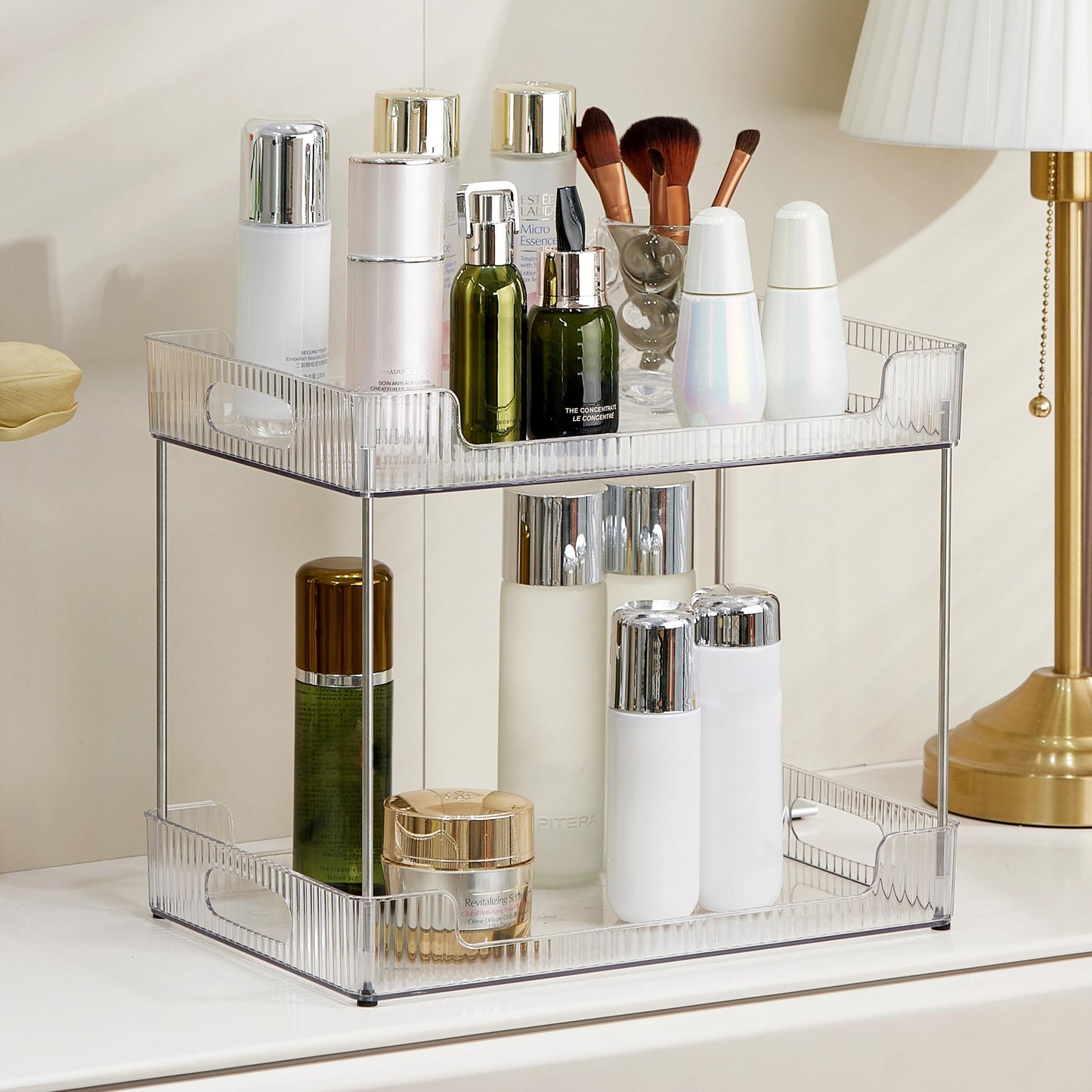 Goderewild 2-Tier Bathroom Counter Organizer, Multi-Purpose Cosmetics Skincare Shelf, Fits A4 Size Makeup Organizer for Office and Vanity Tray, Countertop Storage Solution for Kitchen,Bath.(Clear)