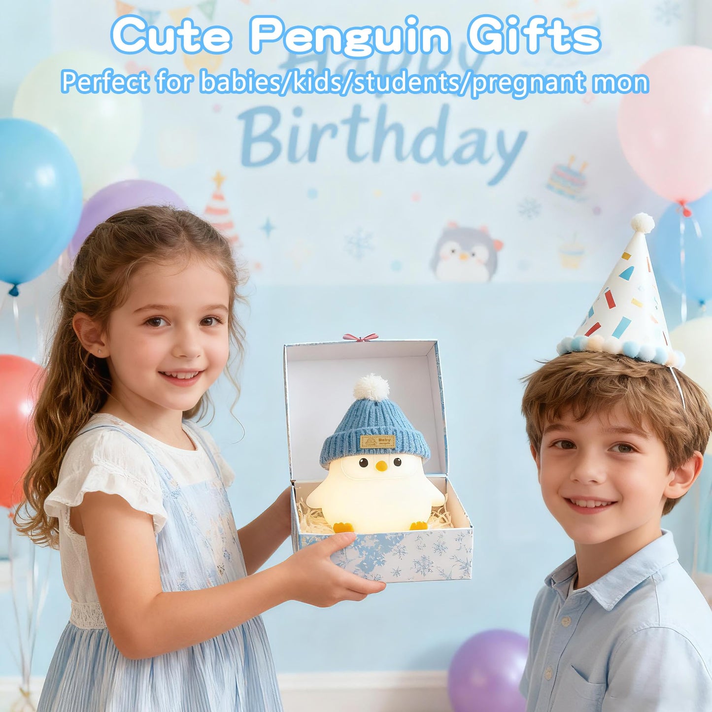 FAMIDUO Penguin Night Light with Knit Hat, Cute Silicone Nursery Lamp - Dimmable Squishy Animal Light - Heartwarming Gift for New Mom, Kids Birthday & Baby Shower - Kids Room Decor
