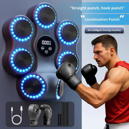 Music Boxing Machine with Gloves, Wall Mounted Punching Trainer with LED Light Up Targets, Bluetooth Rhythm Reaction Training Pad, 11 Modes & 9 Speeds for Adults & Kids Home Fitness & Stress Relief