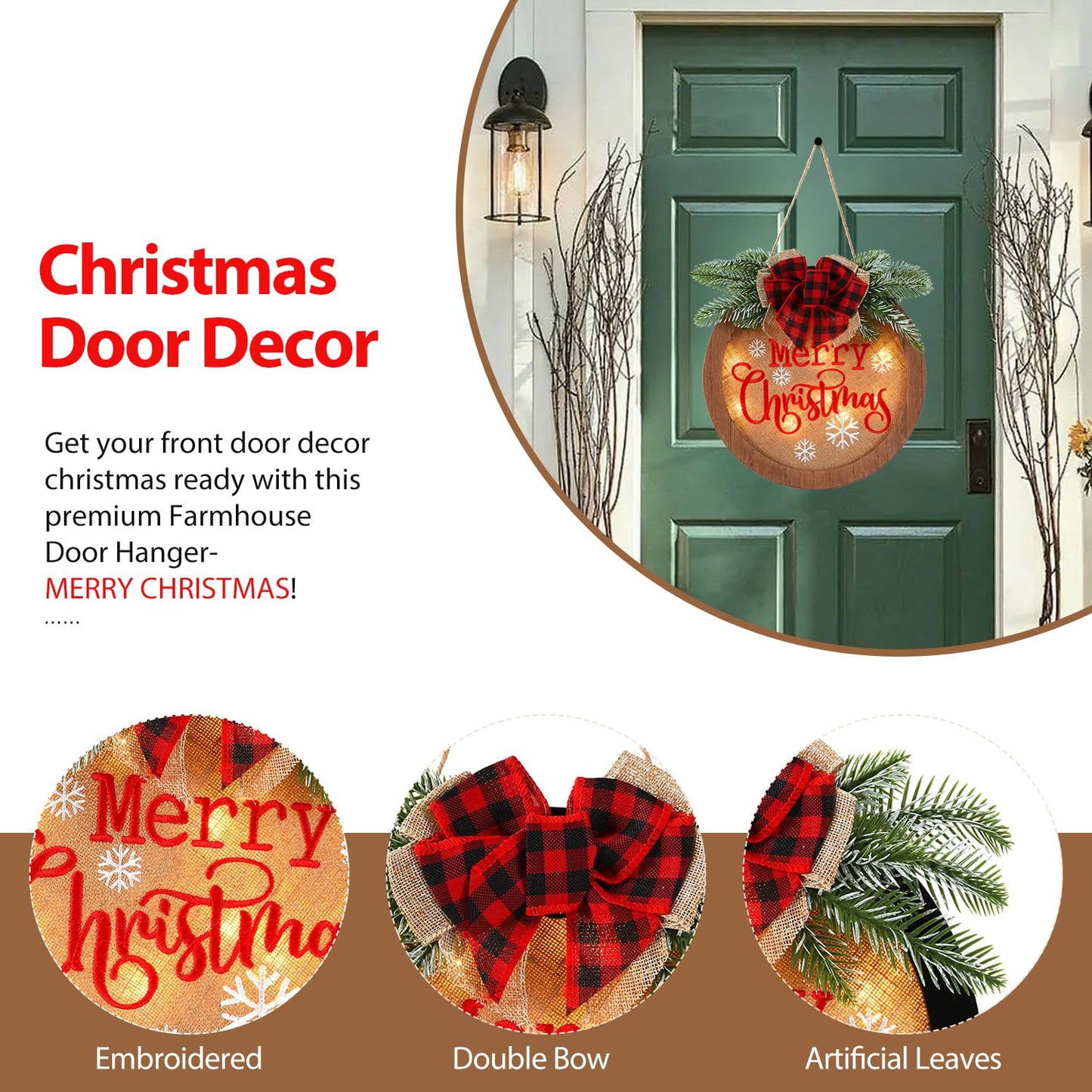 HOMCDALY Christmas Welcome Sign for Front Door, Winter Merry Christmas Wreath, Farmhouse Door Decoration Wooden Hanging Sign, Winter Home Decoration (F-Xmas)