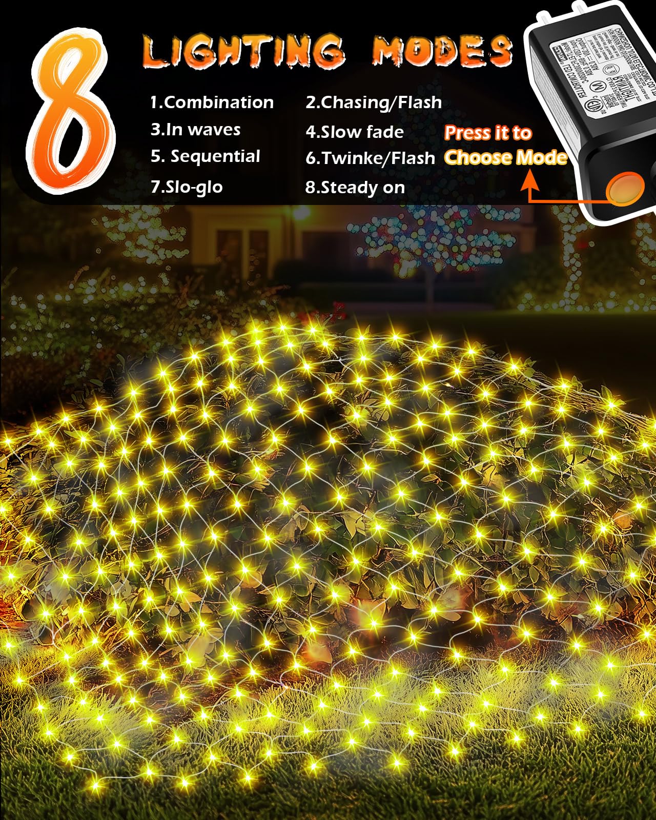Halloween Net Lights 9.8ft x 6.6ft, 200 LED Outdoor Mesh Lights with 8 Modes, Waterproof Bush String Lights for Home Garden Yard Xmas Decorations Connecable, Timer (Warm White)