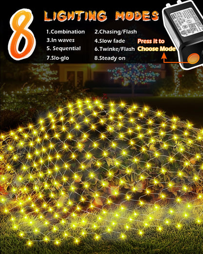 Halloween Net Lights 9.8ft x 6.6ft, 200 LED Outdoor Mesh Lights with 8 Modes, Waterproof Bush String Lights for Home Garden Yard Xmas Decorations Connecable, Timer (Warm White)