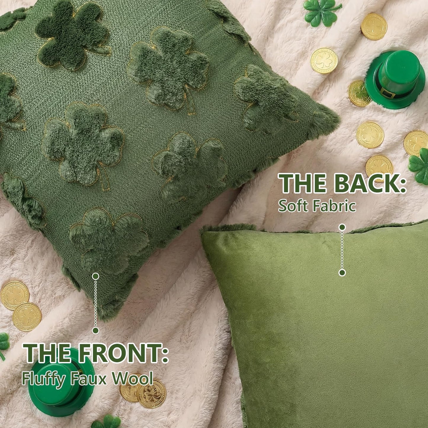 Emvency St Patricks Day Throw Pillow Covers 18x18 Set of 2, Sage Green Shamrock Golden Decorative Pillow Cases Soft Plush Faux Fur Wool Couch Cushion Case for Couch Bed Sofa Living Room Home Decor