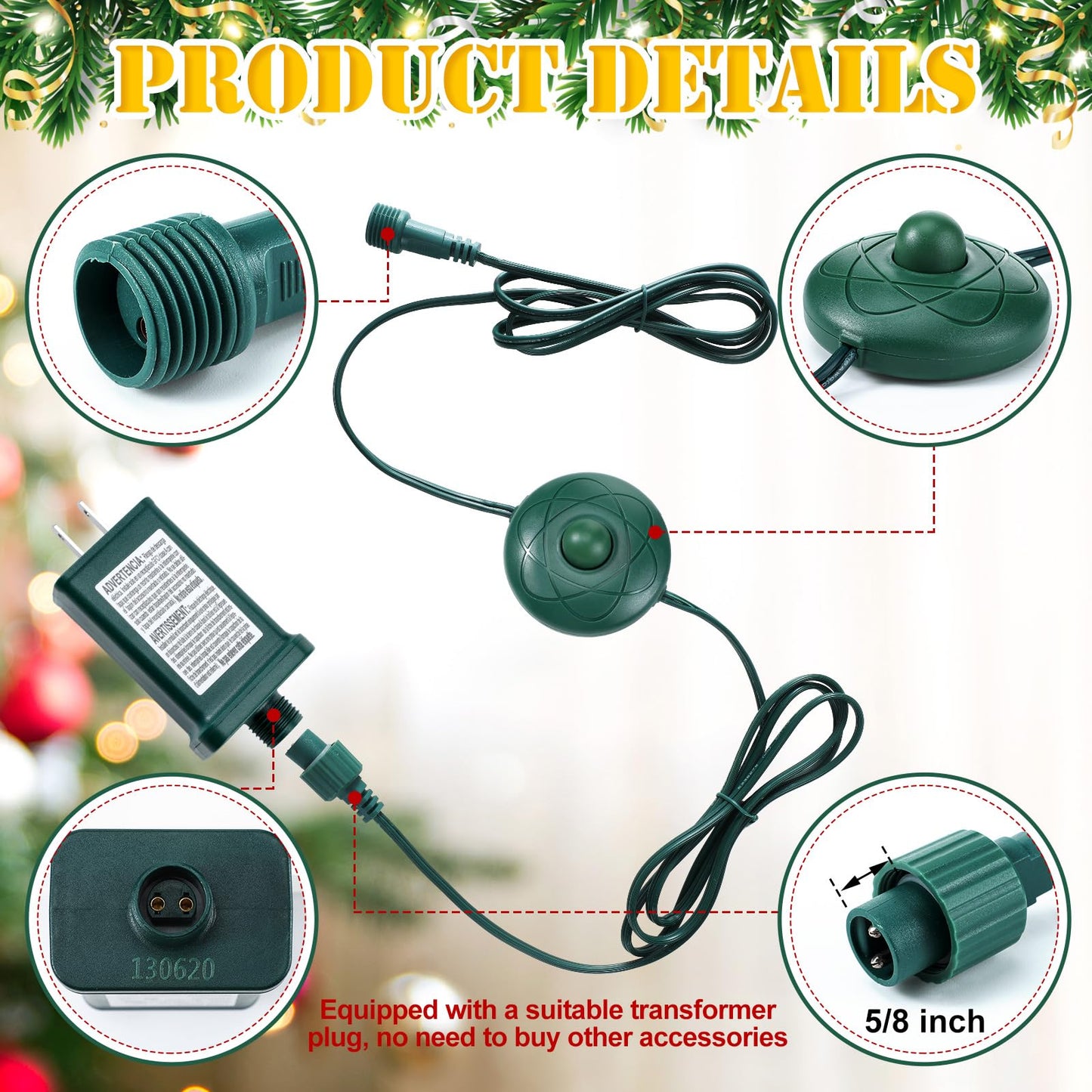 Flutesan 6 ft Power Cord LED Transformer 8 Light Modes for Christmas Light Raintight Foot Switch 5/8 Inch Plug Compatible Replacement Holiday Connector for LED String Holiday