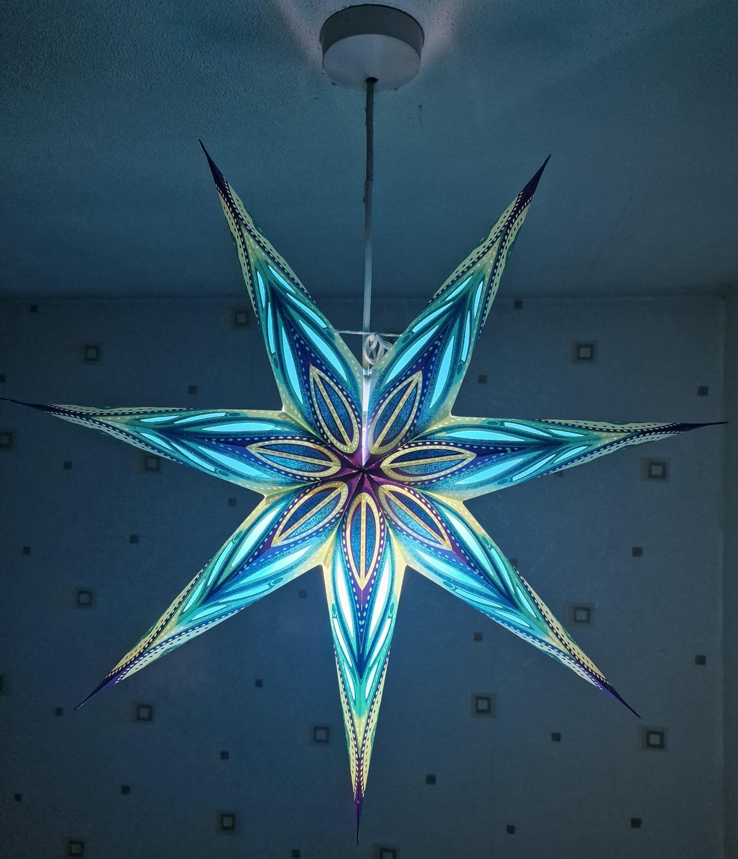 YEPSIO 7-Pointed Lantern Lampshade Paper Star Light Shades Large 24 Inch Star Hanging Decorations for Christmas Wedding Home Decoration Birthday Party (Glitter Blue Multi 02)