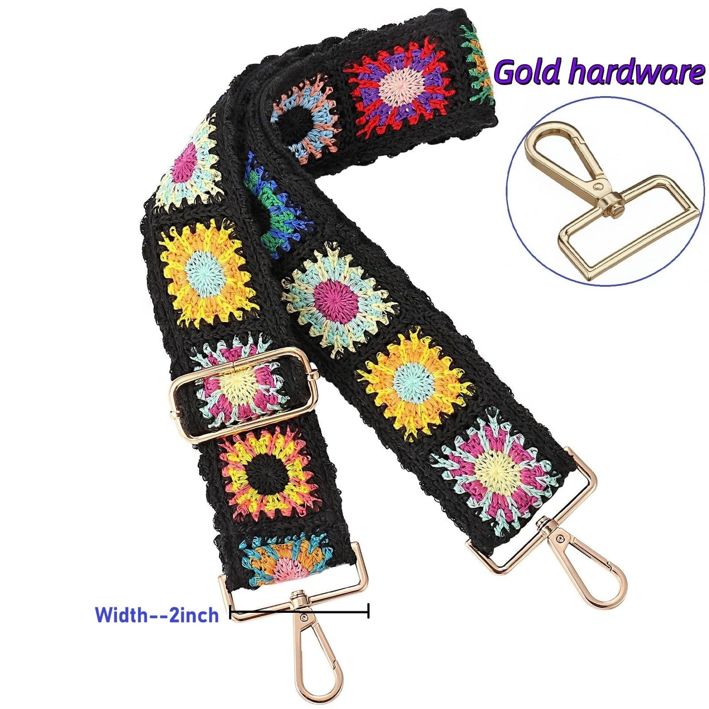 Greaciary Wide Purse straps Crochet Flower replacement crossbody for Handbags Adjustable Embroidery Knit Guitar Shoulder strap for Bag (Black floral)