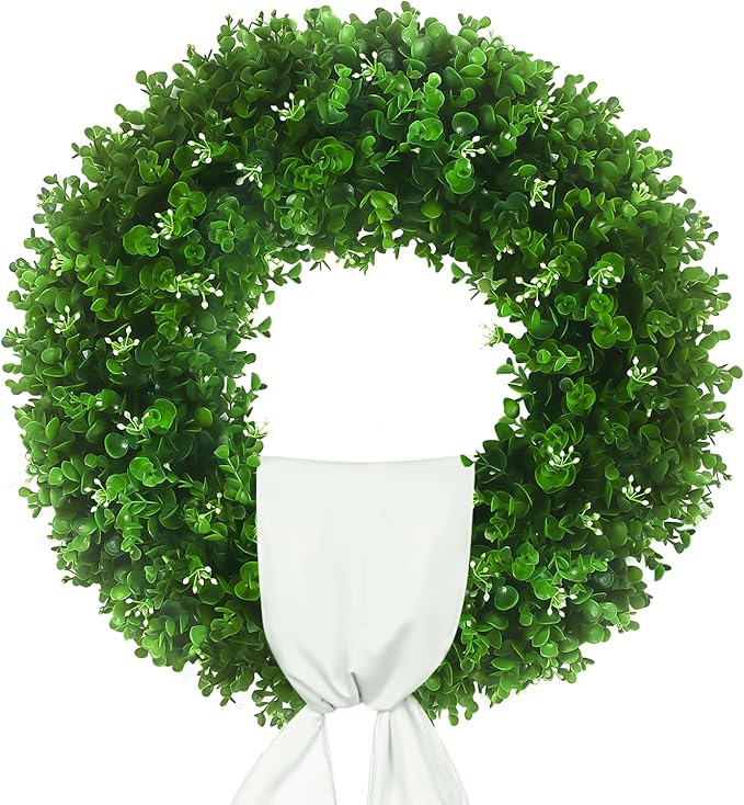 Boxwood Wreaths Front Door 22-24'', Artificial UV Resistant Boxwood Leaves with Flower Core, Greenery Wreath with a Sash for Farmhouse Home Outdoor Indoor Year Round Hanging Decor (Foldable)