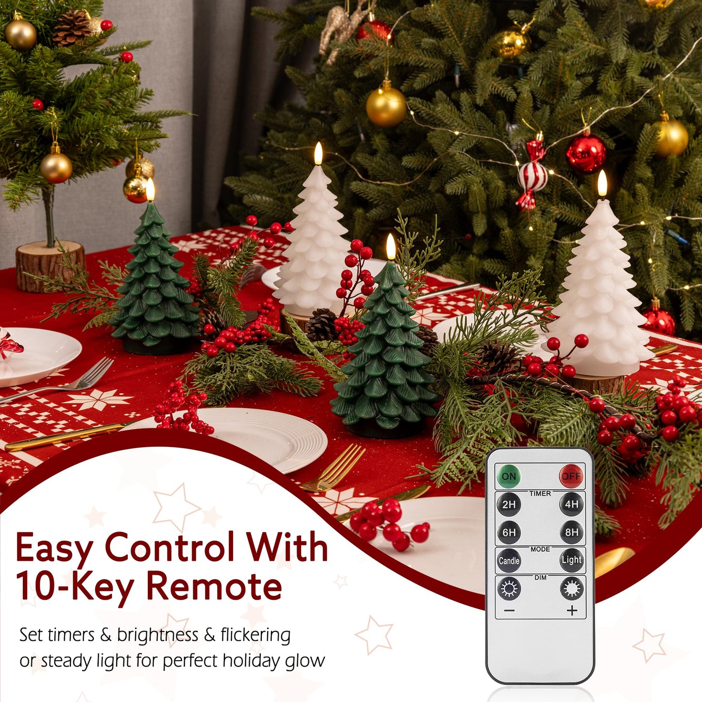 AFINETH Christmas Tree Candles with Remote, 2 Pack Green Flameless Candles Battery Operated, Real Wax Flickering Christmas Led Candle Decorations for Winter Home Holiday Xmas Gift