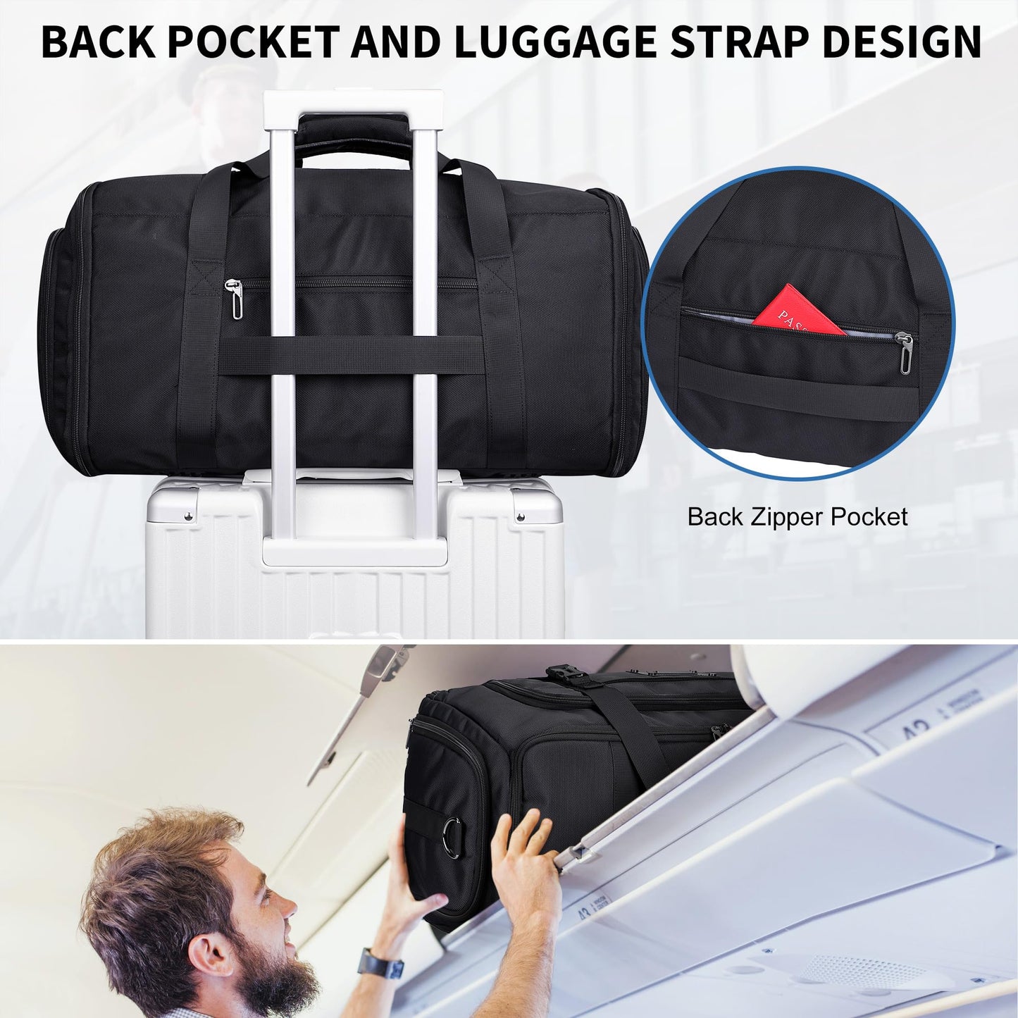 WITZMAN Mens Garment Duffle Bags for Travel Convertible Carry-on Suit Garment Bag for Men Hanging Clothes with Shoe Compartment（B724 Black）