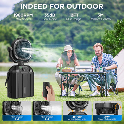 NYXQUARK Portable Misting Fan with 25000mAh Reverse Charging & Remote Control, Auto-Oscillating LED Outdoor Cooling Fan, Stepless Speed, Waterproof Design for Camping, Patio, Pets, Garden Use (Black)