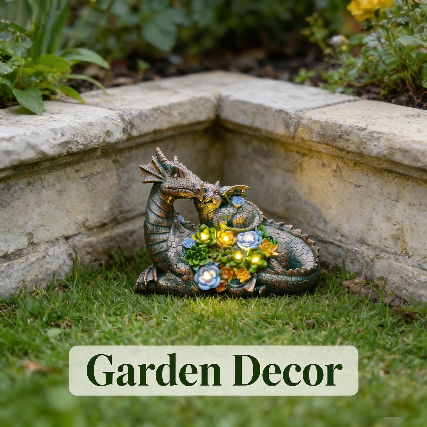 JOYBEE Dragon Solar Garden Statues Outdoor Decoration with Succulent and 6 LED Lights,Dragon Figurine Solar Lights Lawn Décor,Outside Statue Ornament for Patio, Balcony, Yard,Unique Gift for Mom