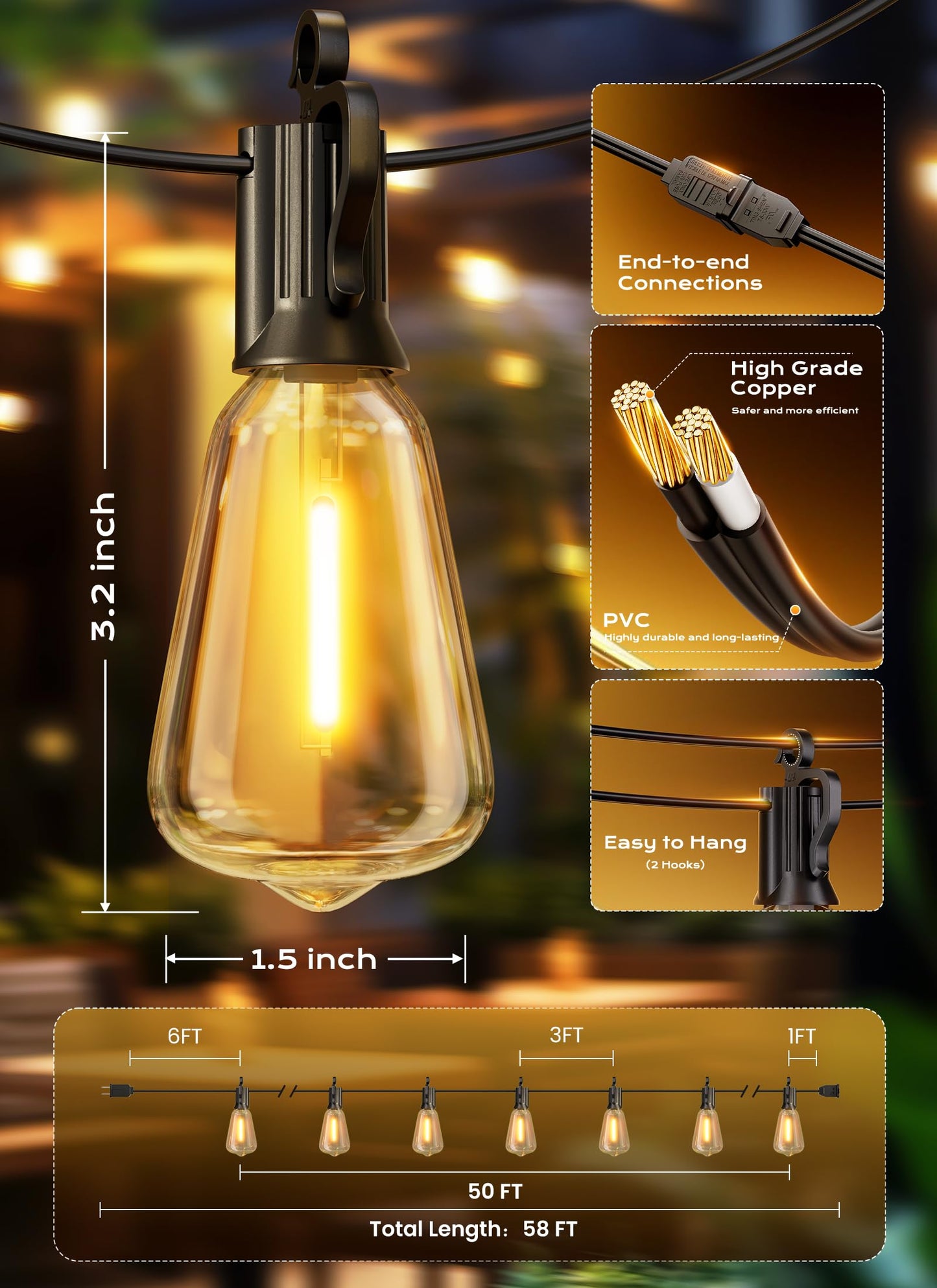 Brightown Outdoor String Lights, 50FT 18+1 LED ST38 LED Patio Lights Shatterproof, Dimmable IP65 Waterproof Connectable Hanging Outdoor Light for Backyard, Porch, Deck, Balcony