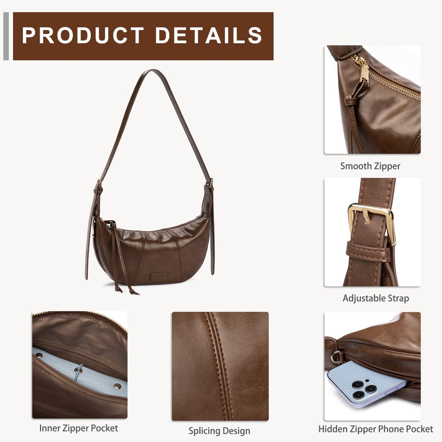Small Crescent Crossbody Bags for Women Vegan Leather Womens Purse Hobo Shoulder Sling Bag Handbag with Adjustable Strap Daily Bag