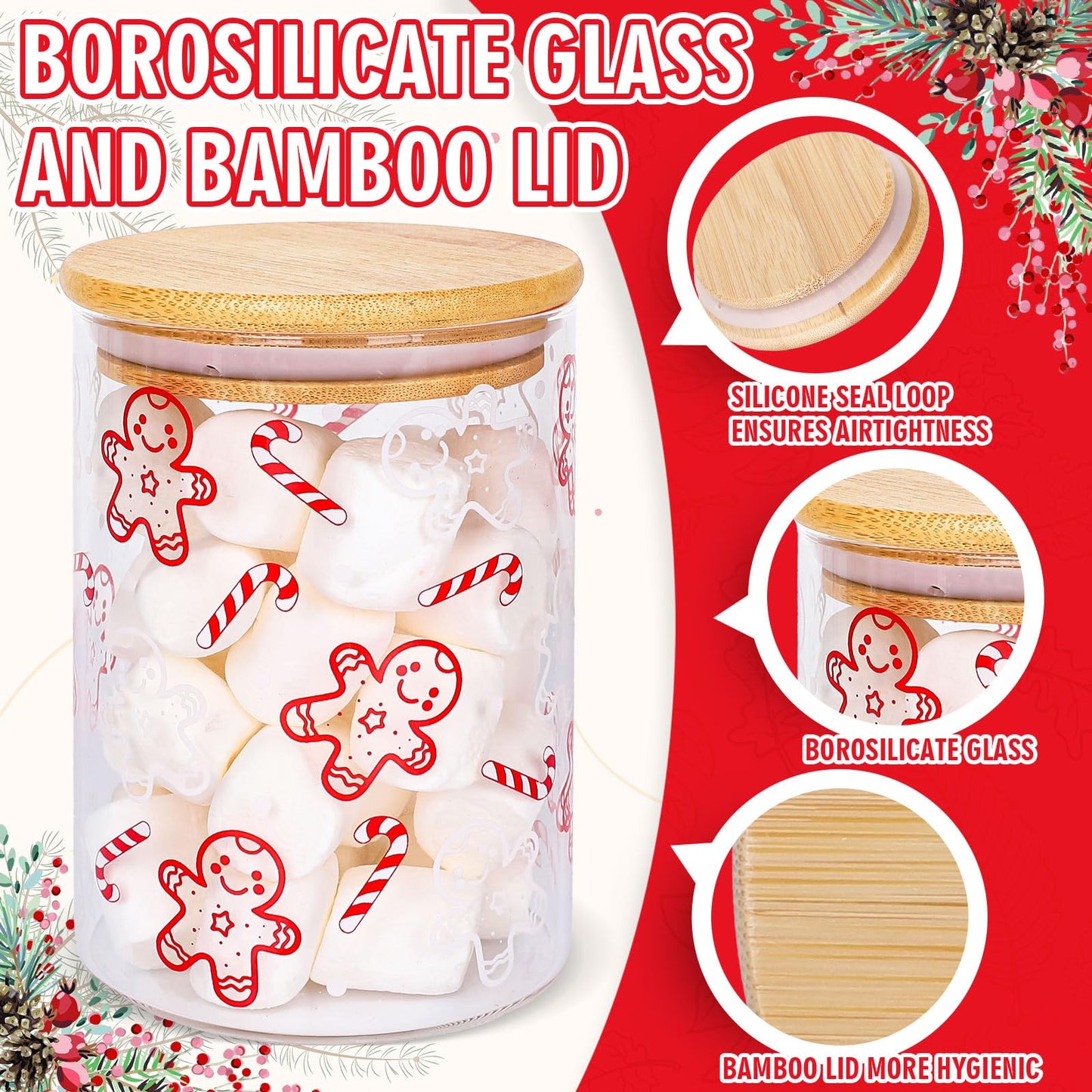 JarThenaAMCS 3Pcs Christmas Glass Storage Jars Red White Candy Cane Gingerbread Man Clear Canisters Sets with Airtight Lid for Xmas Home Kitchen Countertop Decor
