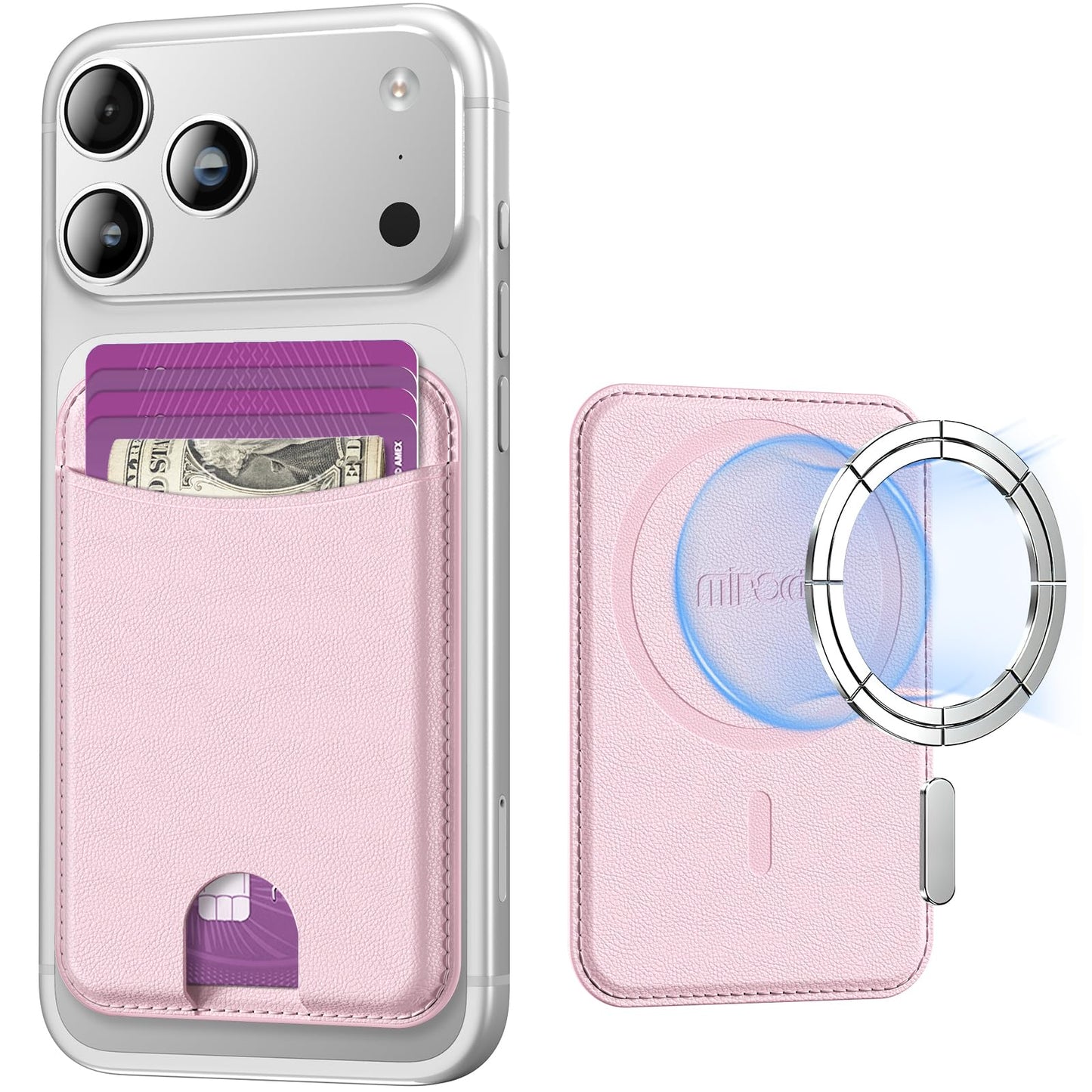 Miroddi for Magsafe Wallet, Magnetic Card Holder for iPhone 17/16/15/14/13/12 Series, Leather Magnet Phone Wallet Fit 4 Cards 3 Cash, Ultra-Thin, RFID Blocking, Light Pink