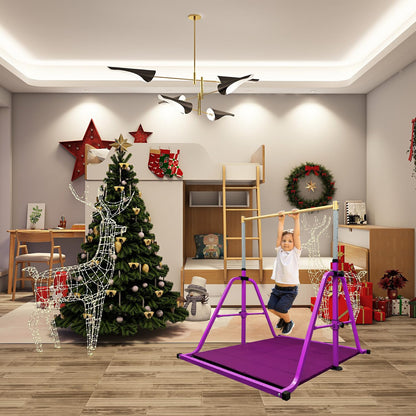 Peakpath Foldable Gymnastics Kip Bar with Mat and Ring Set,3' to 5' Height Adjustable,Kids Gymnastic Equipment for Ages 3-15,Indoor and Home Training- Max Load 350LBS
