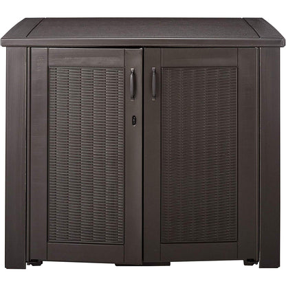 Rubbermaid Decorative Outdoor Storage Cabinet (123 Gal) Weather Resistant Dark Brown Organization for Home/Backyard/Pool Chemicals/Toys/Garden Tools/Porch/Patio Cushions