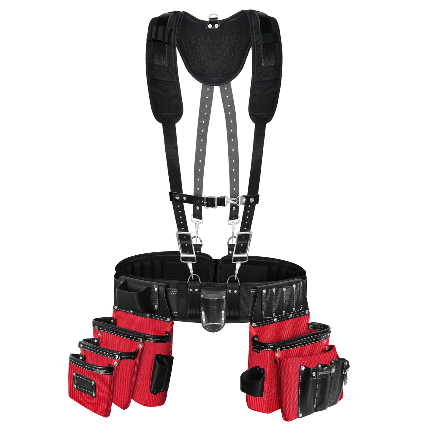 FUERI Heavy Duty 26 Pocket Tool Belt with Suspender | Grain Black Leather & Red Nylon Carpenter Tool Belt With 2 Large Pouches, Hammer Holder, Suspender Loops & Padded Belt, Ideal for Electricians