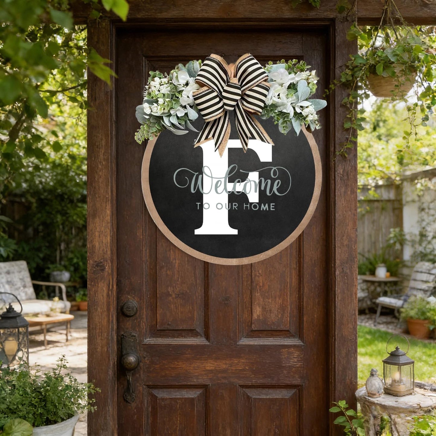 Last Name All Year Round Front Door Garland, Rustic Round Wood Wreaths wall Hanging Outdoor, Farmhouse, Porch, for Spring Summer Fall All Seasons Holiday Halloween Christmas (F)