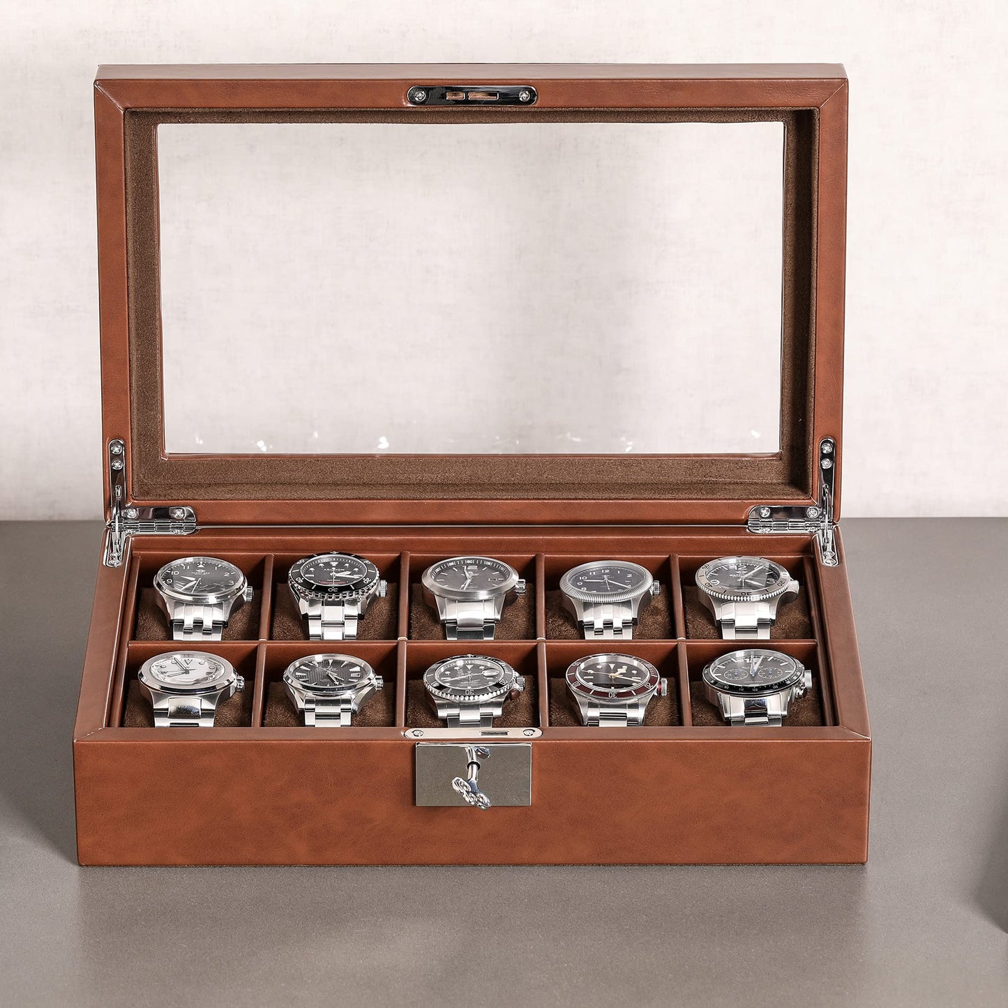 ROTHWELL 10 Slot Leather Watch Box - Luxury Case Display Jewelry Organizer - Locking Watch Display Case Holder with Large Glass Top - Box Organizer for Men and Women (Tan/Brown)