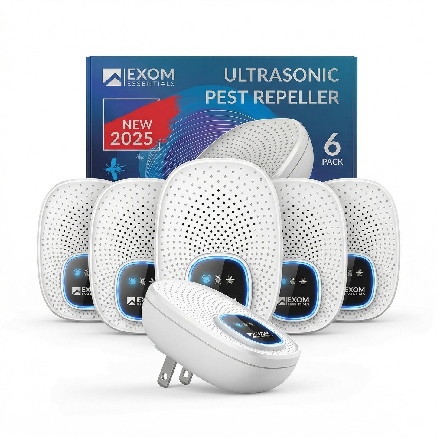 Exom Essentials GRX-25 Ultrasonic Pest Control 6-Pack: Indoor Plug-in Mice, Rodent, Squirrel, Insect Repellent & Roach, Ant, Spider,Bats, Bed Bug, Squirrel, Flea and Mouse Trap Alternative for Home