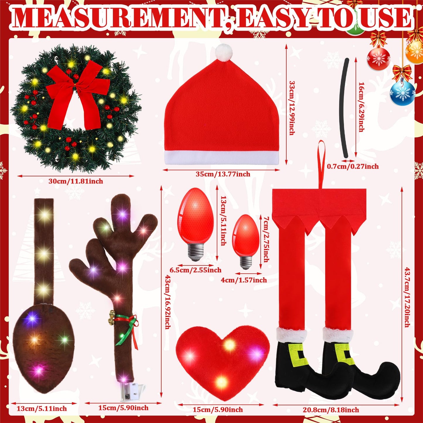 Datanly 34 Pcs Christmas Reindeer Antlers Car Kit Including Christmas Garland with Light String Antlers Nose Tail with LED Light Hanging Santa Legs Magnetic Decals Headrest Cover for Car Truck