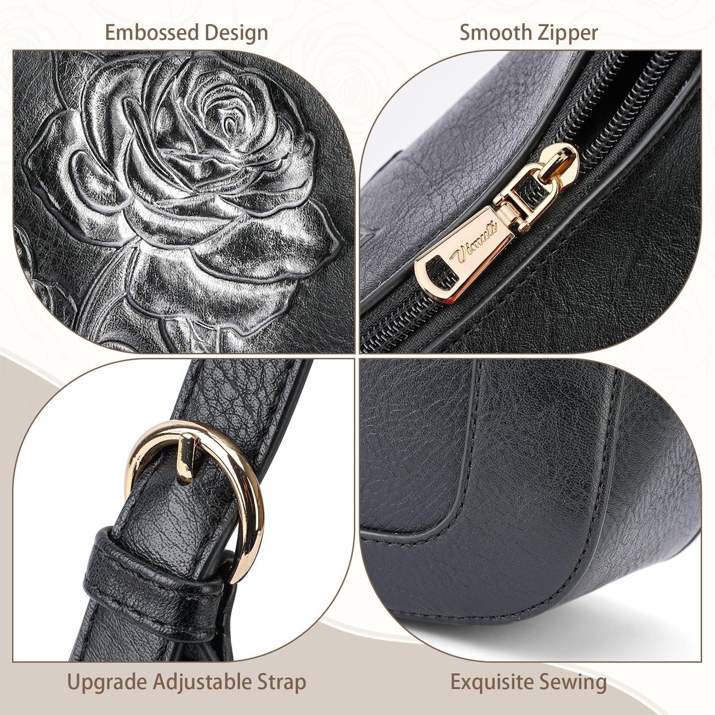 VIMUTI Small Shoulder Bag for Women, Vegan Leather Embossed Hobo Purse with Underarm Strap, Compact Daily Handbag (Black)