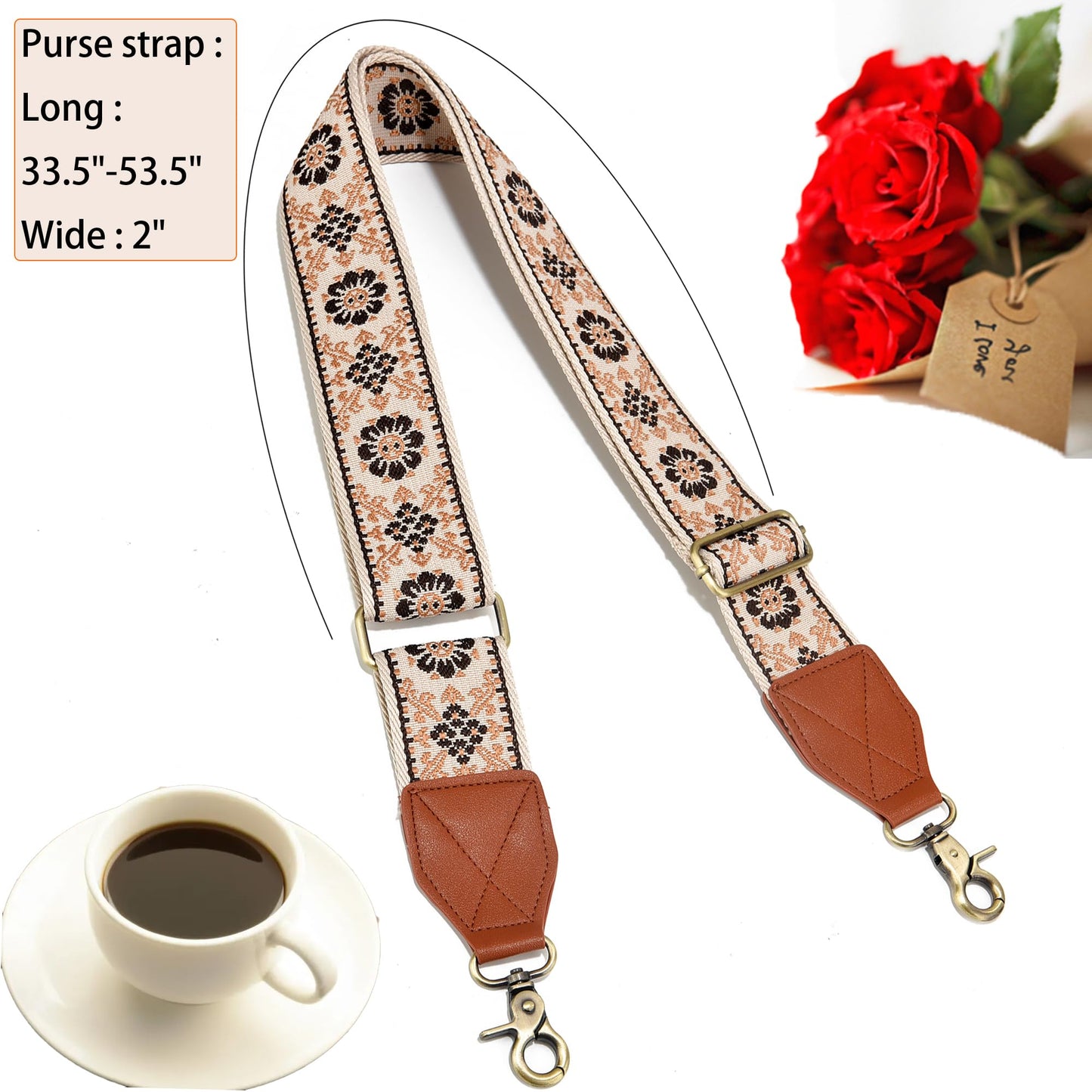 Purse Strap,2" Leather End Shoulder Strap Adjustable Replacement,Retro Jacquard Multi-pattern Crossbody Bag Straps