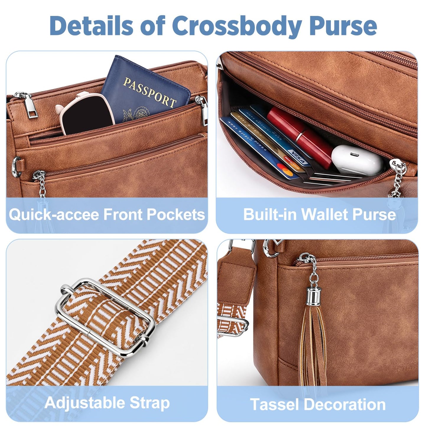 Fiiuos Anti Theft Crossbody Purse for Women RFID Crossbody Bags for Travel, Vegan Leather Cross Body Bag with Built-in Wallet for Work & Daily Use, Hands-Free Shoulder Purse with Tassel Brown